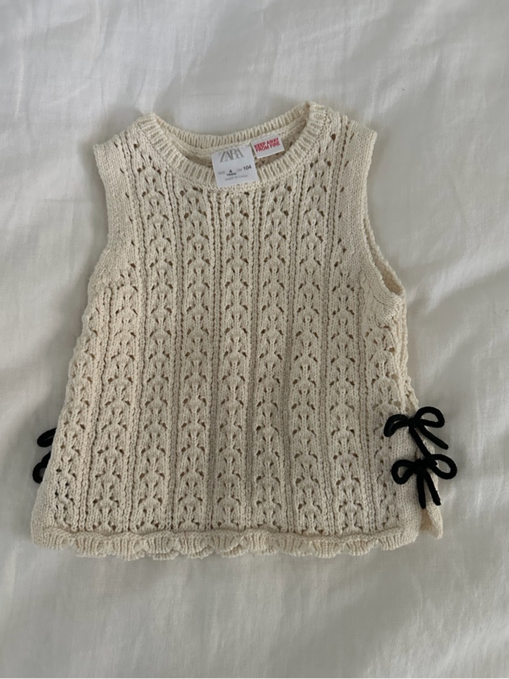 Zara Kids Cream Knit Tank Top with Black Side Ties